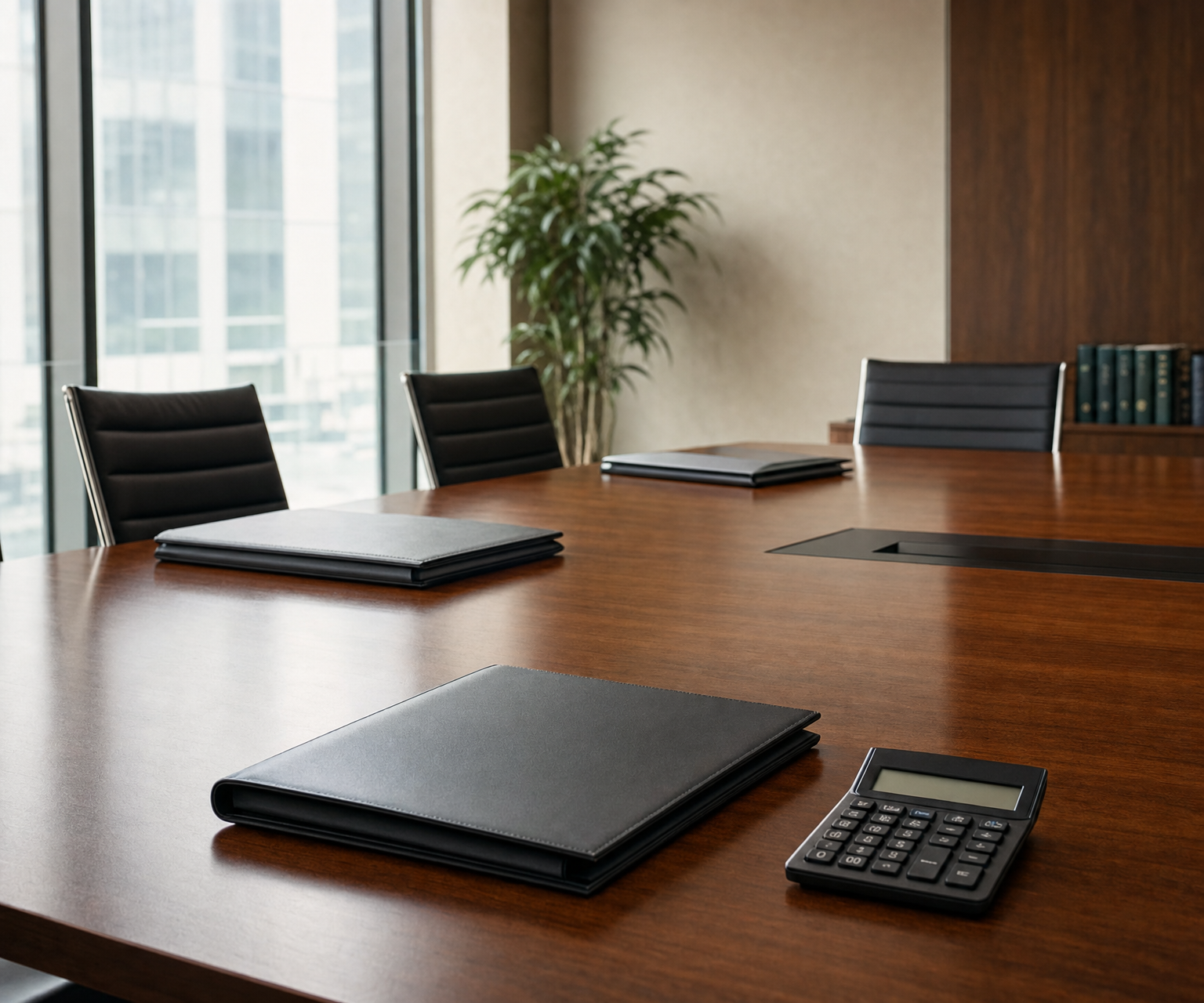 Sala de juntas vacía con carpetas y calculadora, como concepto de derecho mercantil